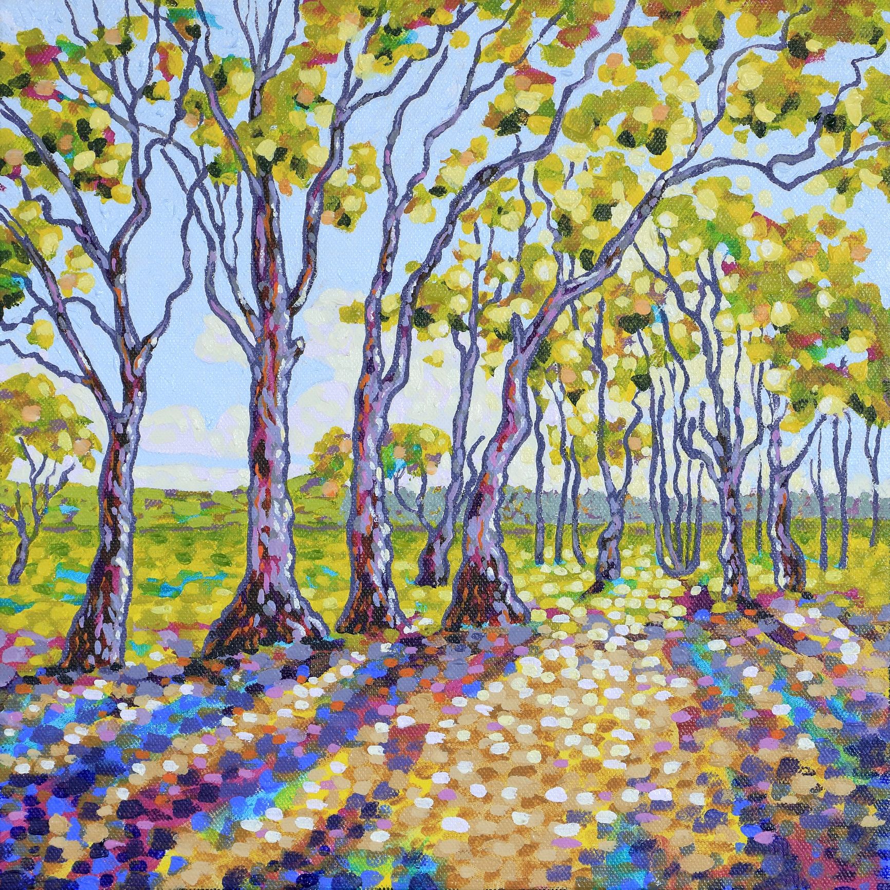 painting vibrant greens yellows sunlight through trees